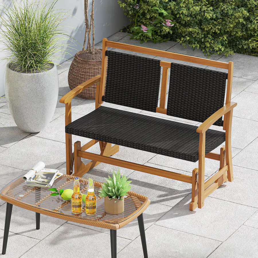 Gymax Patio Rattan Glider Bench Swing Gliding Rocker for 2 w/ Acacia ...