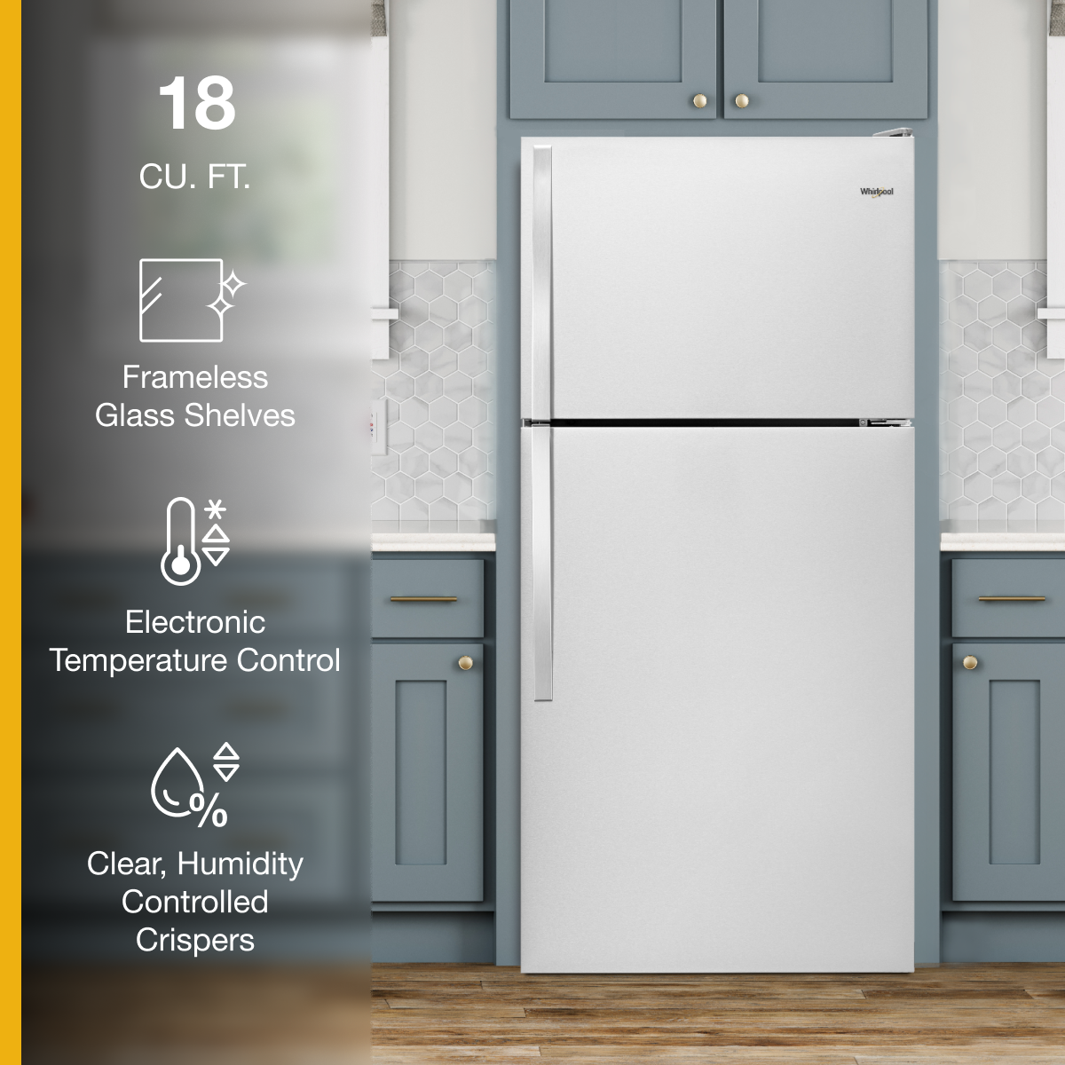 18 CU. FT.  
Frameless Glass Shelves  
Electronic Temperature Control  
Clear, Humidity Controlled Crispers