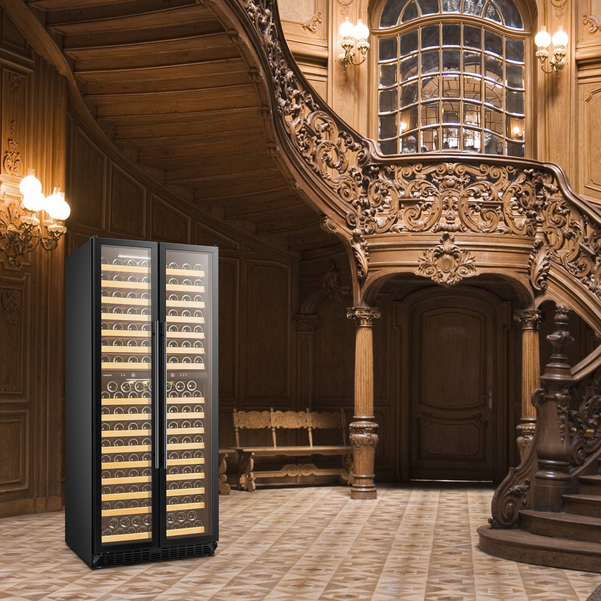 Angle. LanboPro - 32 Inch 255 Bottle Dual Zone Wine Cooler Fridge with Huge Capacity and Fridge with Removable Shelves - Black.