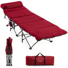 Costway - Folding Retractable Travel Camping Cot w/Removable Mattress & Carry Bag - Red