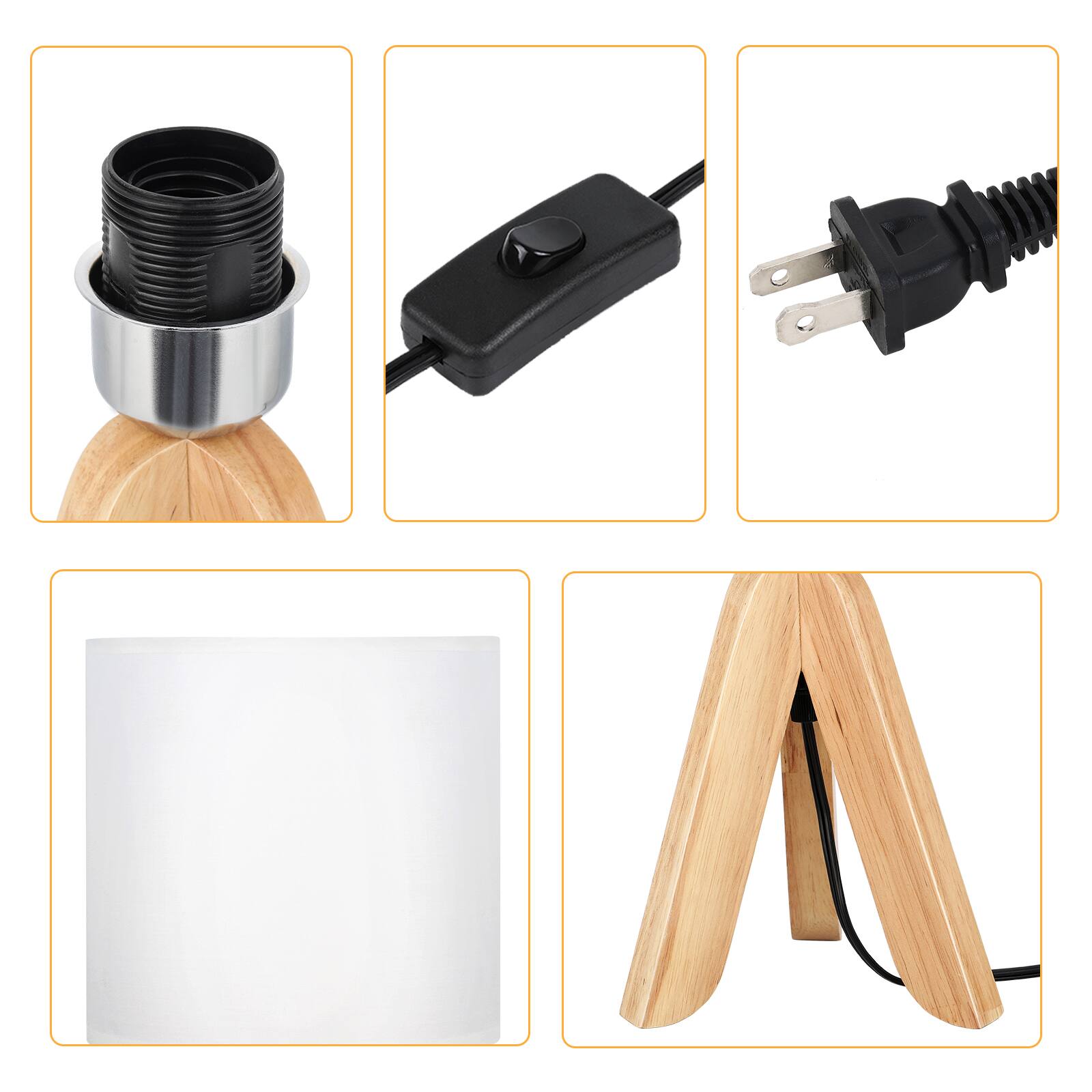 Back. Oumilen - Brown Wooden Tripod Nightstand Lamp with Fabric Shade.