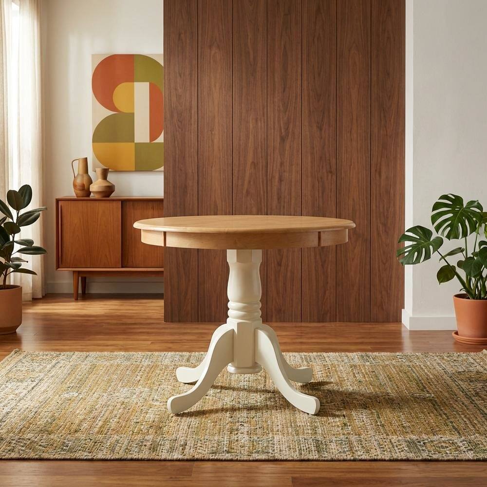 Alt View 3. FurniFact - Oak Round Pedestal Dining Table - Oak & Linen White.