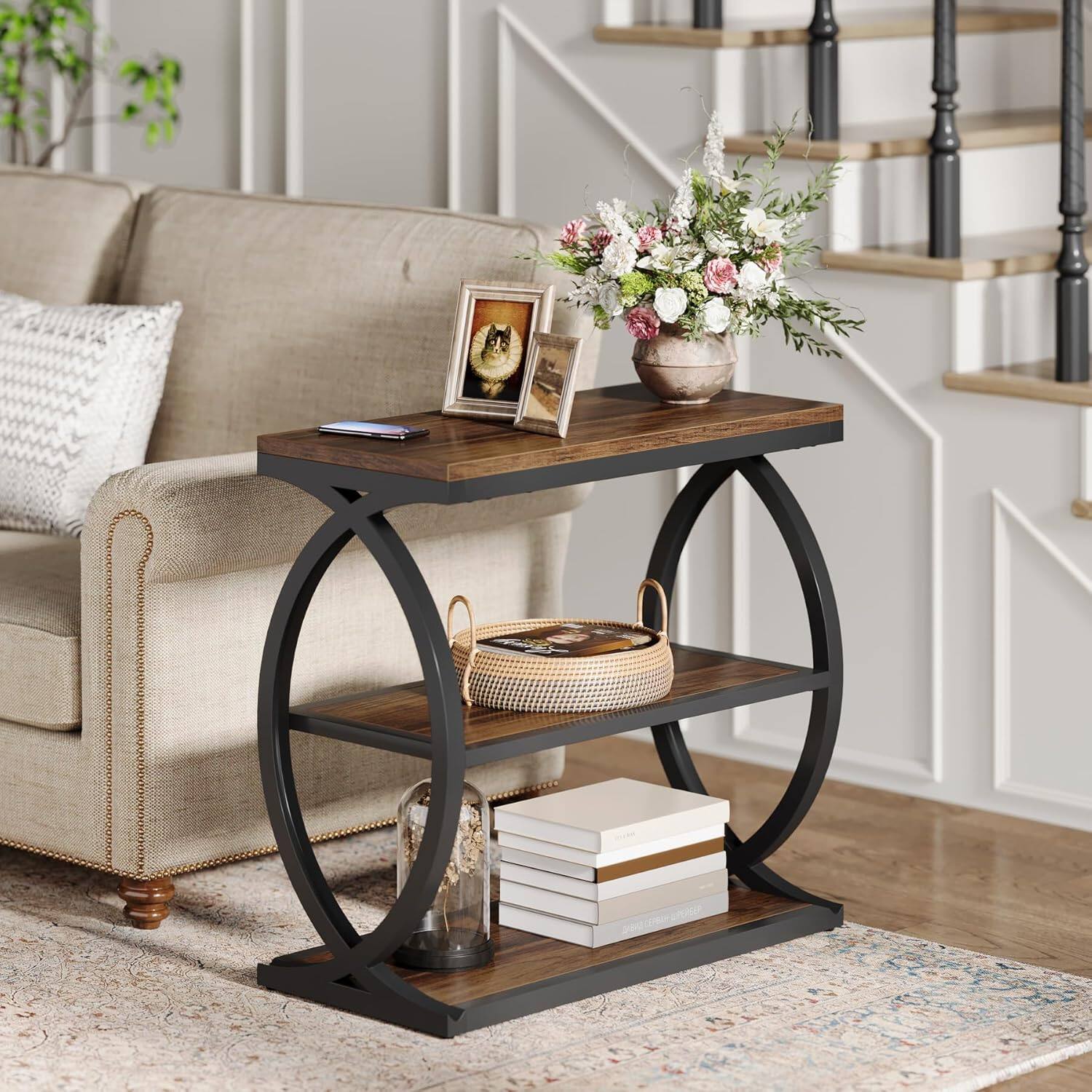 Back. Tribesigns - End Table with Engineered Wood Construction, Metal Frame and Storage Shelves for Living Room and Hallway - Brown.