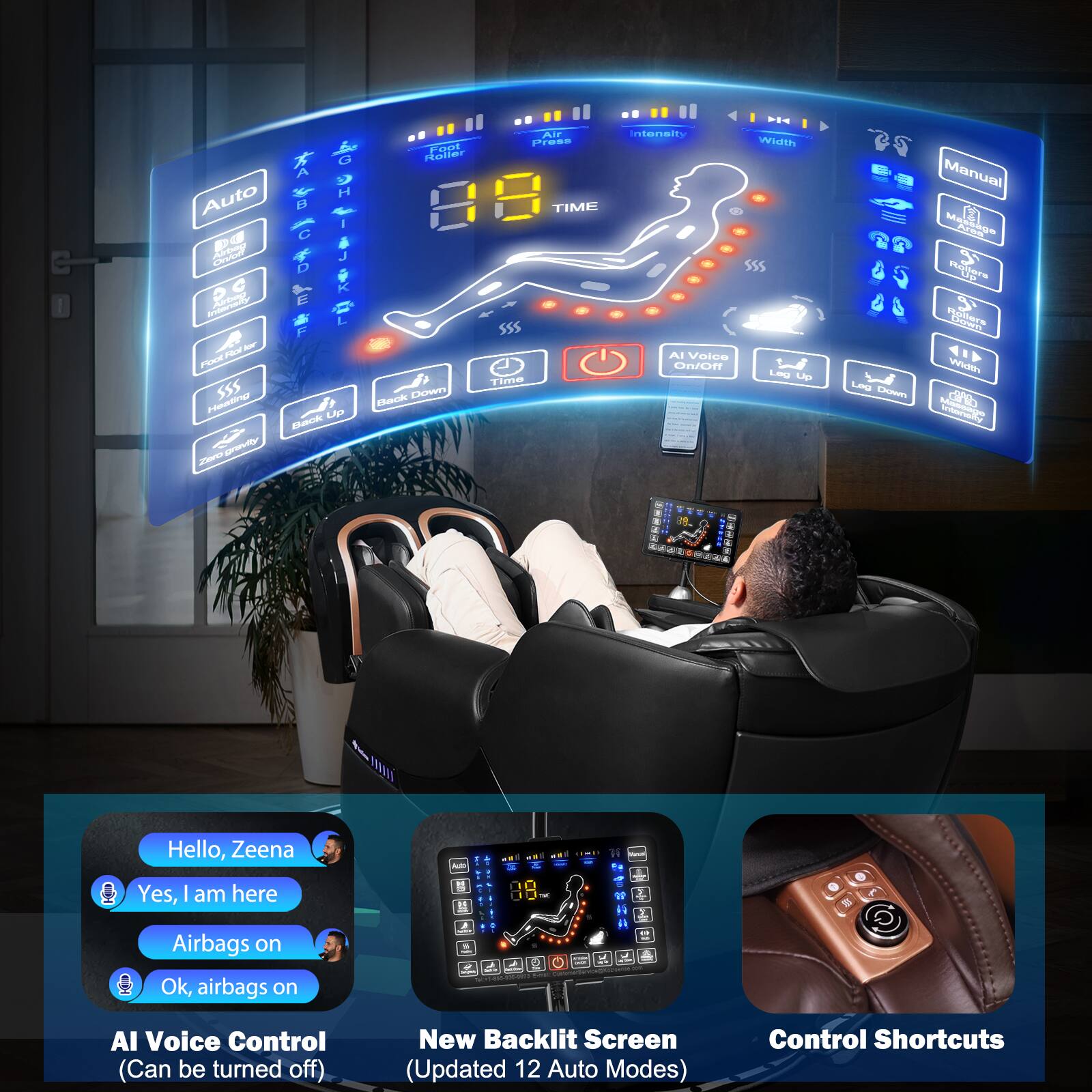 Airbag Roller  
Auto  
TIME  
Cado  
my arano  
E F - PP F  
Time SS5  
Beck DOWn  
LAP cue  
grevity  
J intensit  
AI Voice ON  
width  
Leo UPD  
B5 Manual  
1 Madiags  
PNe Regora  
dip  
ohers  
41  
Widt  
LAG  
Lsm  
ohb  
W  
I  
Hello, Zeena  
Yes, I am here  
Airbags on  
Ok, airbags on  

AI Voice Control (Can be turned off)  
New Backlit Screen (Updated 12 Auto Modes)  
Control Shortcuts