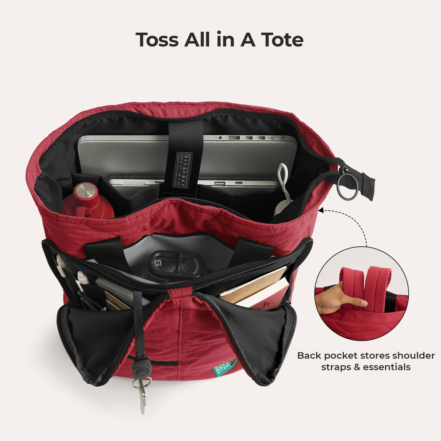 Toss All in A Tote

Back pocket stores shoulder straps & essentials