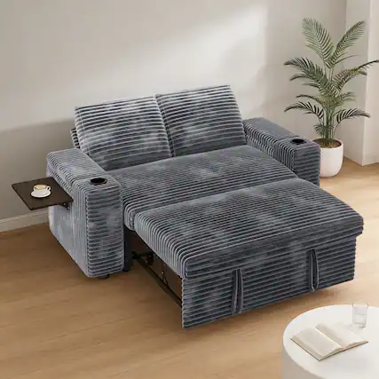 Front. Dyonery - 65.5" Loveseat Sleeper Sofa with Pull Out Bed,Corduroy Sofa Bed with Reclining Backrest,USB Ports,Cup Holders,Side table - Gray.