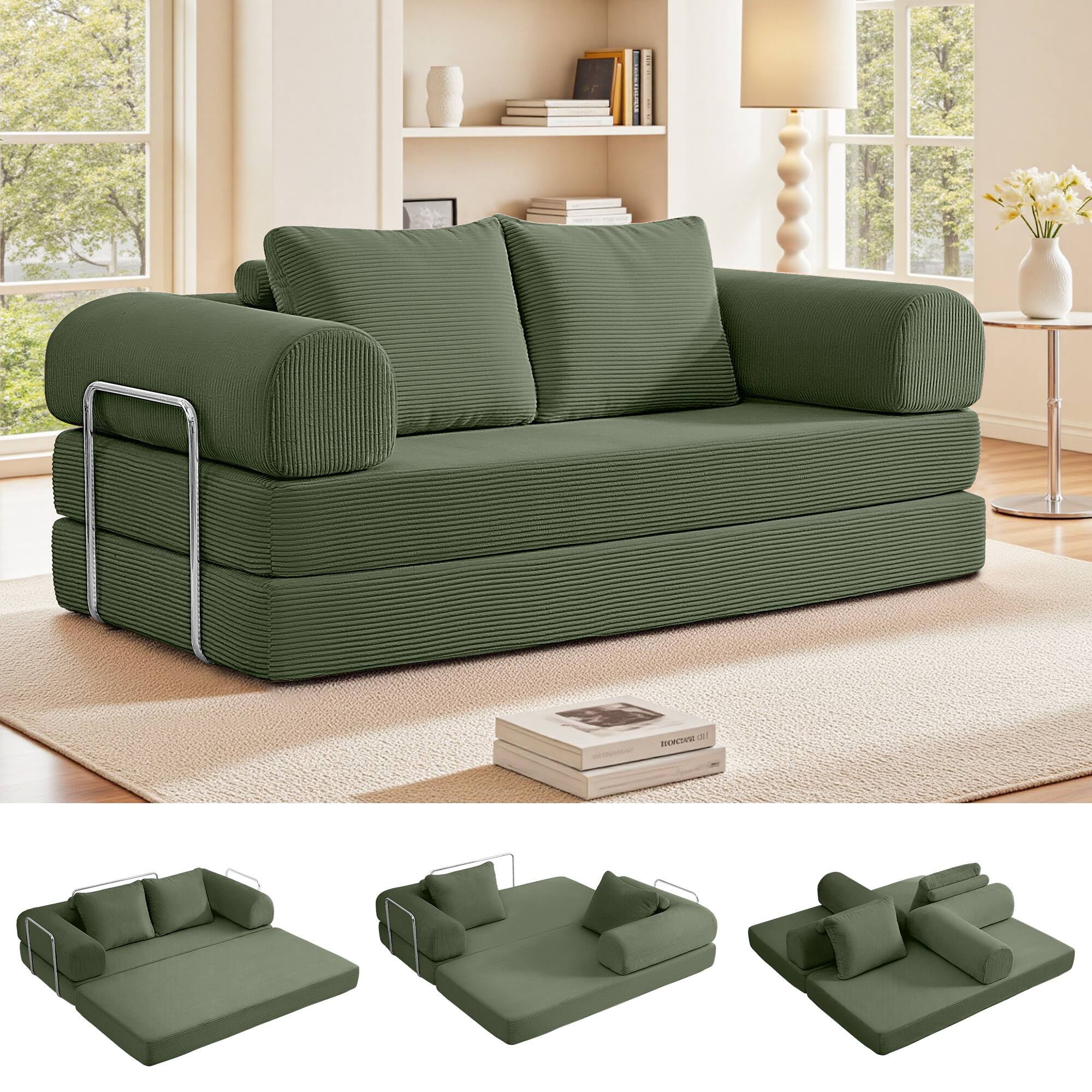 Alt View 4. KERDOM - 3-4 Person Sectional Sofa 78'' W, Foldable Modular Corduroy Combination Couch Bed for Apartment, No Assembly Required - Olive Green.