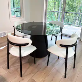 POVISON - 47" Modern Black Round Dining Table For 4, Tempered Glass Tabletop,Carbon Steel Base - Gray Glass & Black Steel Base