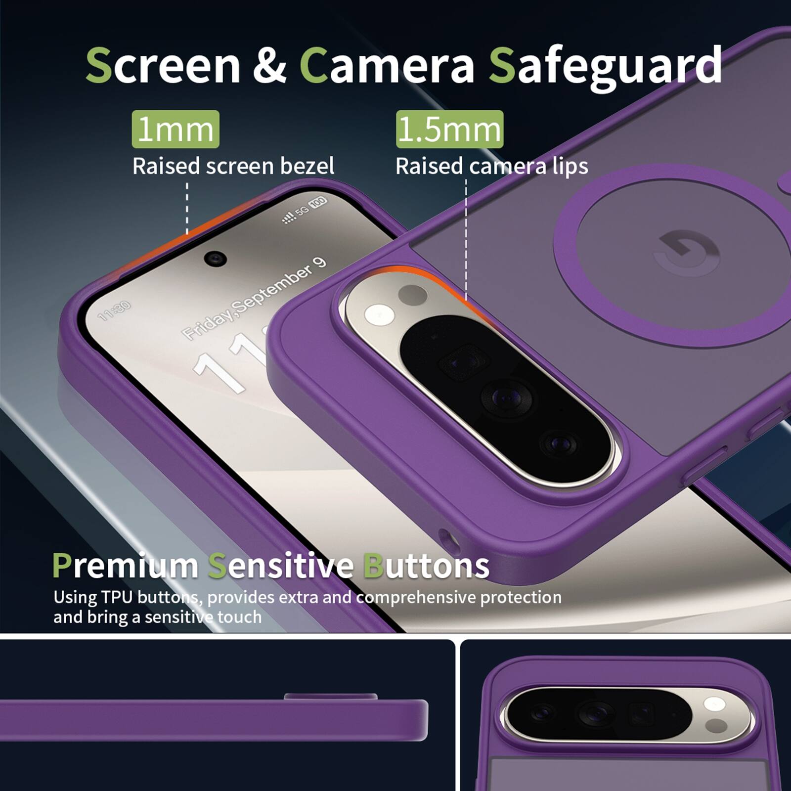 Screen & Camera Safeguard  
1mm Raised screen bezel  
1.5mm Raised camera lips  

Premium Sensitive Buttons  
Using TPU buttons, provides extra and comprehensive protection and bring a sensitive touch