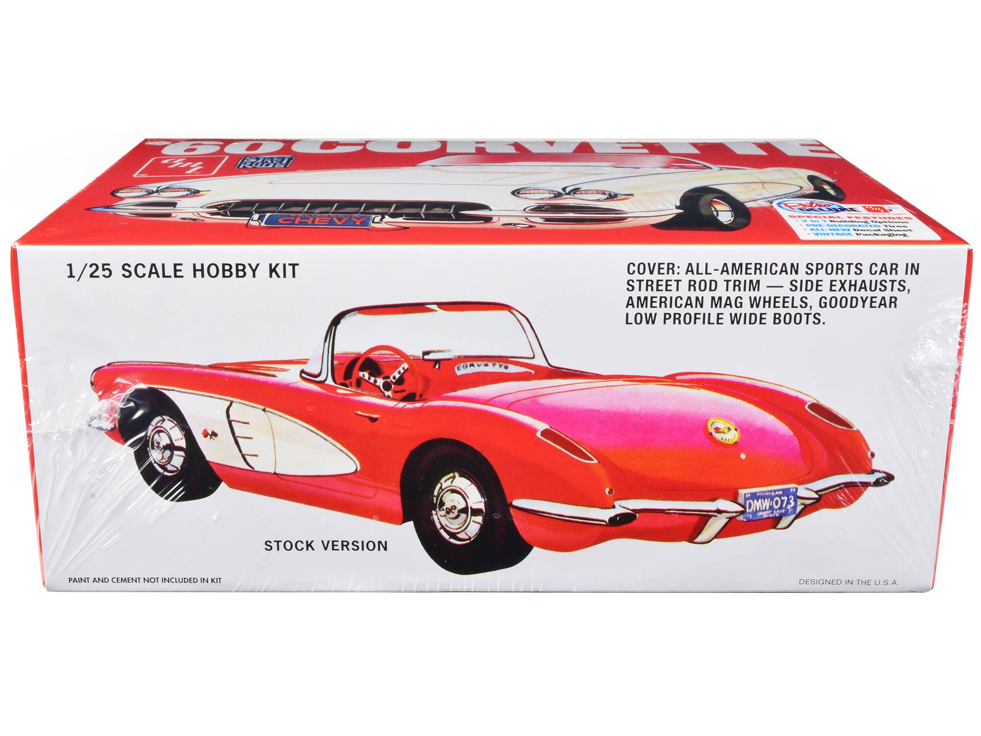 GO CORVETE Hry CHEVY WA da W OCE . - d   | : : C n_ ... ddia  1/25 SCALE HOBBY KIT COVER: ALL-AMERICAN SPORTS CAR IN STREET ROD TRIM - SIDE EXHAUSTS, AMERICAN MAG WHEELS, GOODYEAR LOW PROFILE WIDE BOOTS. To P MPL DMW-073 101 STOCK VERSION PAINT AND CEMENT NOT INCLUDED N KIT DESIGNED N THE U S.A