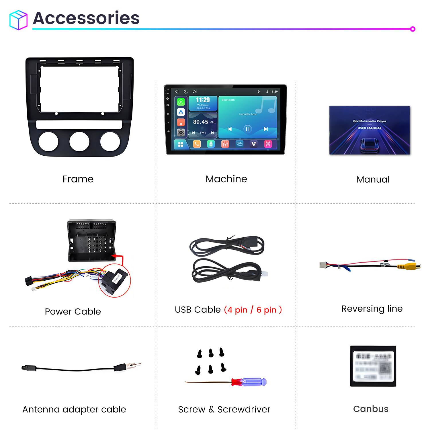 Accessories

- Frame
- Machine
- Manual
- Power Cable
- USB Cable (4 pin / 6 pin)
- Reversing line
- Antenna adapter cable
- Screw & Screwdriver
- Canbus