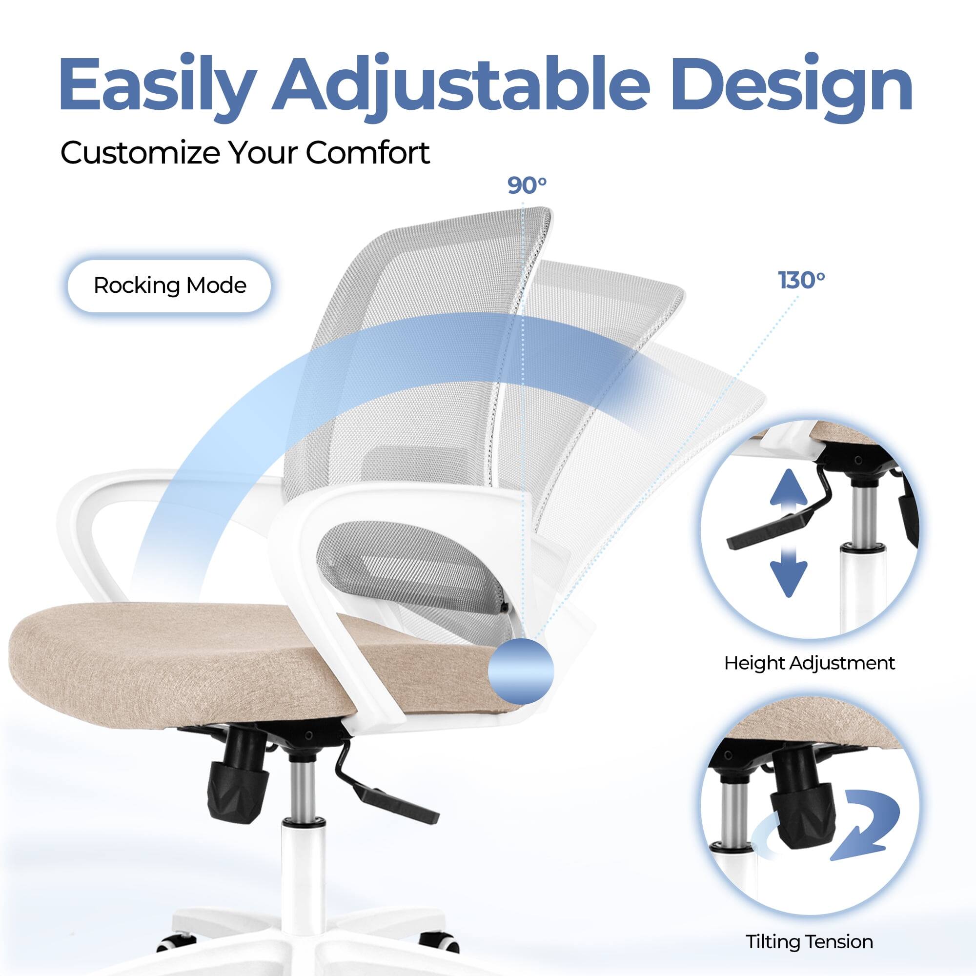 Easily Adjustable Design  
Customize Your Comfort  

- Rocking Mode  
- 90°  
- 130°  
- Height Adjustment  
- Tilting Tension