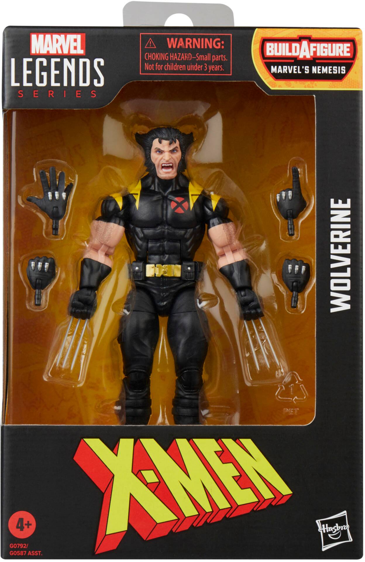 The text on the image reads: "MARVEL LEGENDS SERIES! WARNING: CHOKING HAZARD-Small parts. BUILDAFIGURE Not for children under 3 years. MARVEL'S NEMESIS S WOLVERINE PEET GO792/ GO587 4+ ASST. XMEN Hasbro."