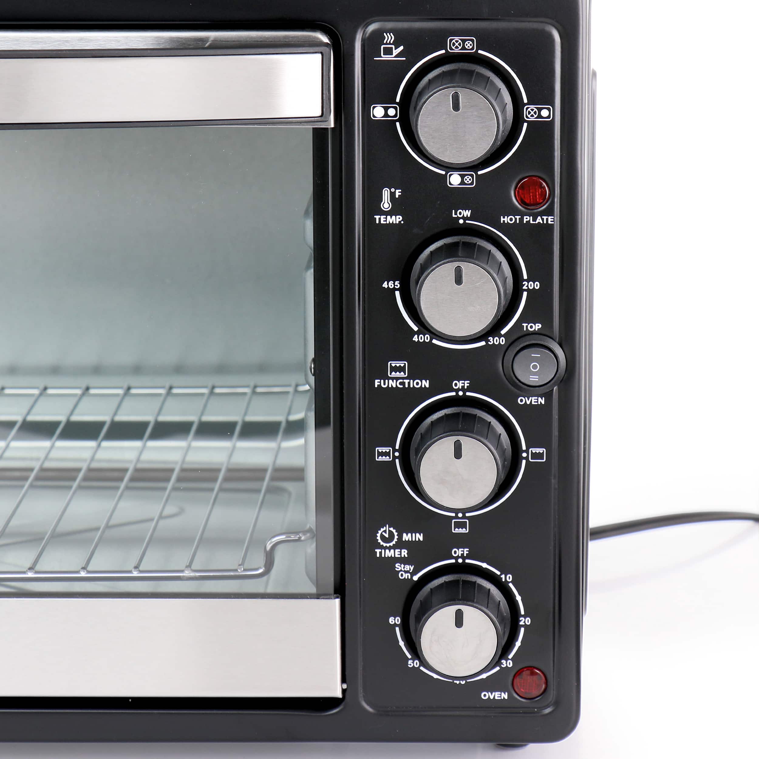 TEMP. LOW - HOT PLATE 465 200 400 300 - FUNCTION OFF OVEN - MIN TIMER Stay On OFF 10 60 20 50 30 OVEN