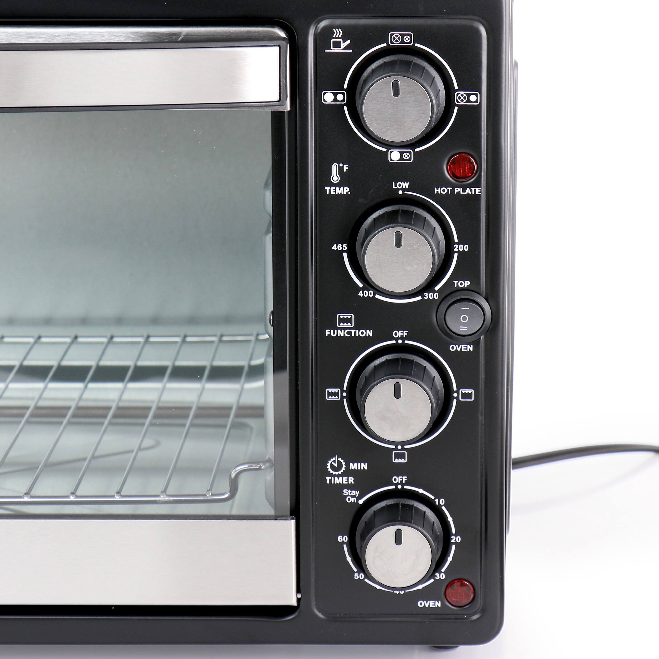 TEMP. LOW - HOT PLATE 465 200 400 300 - FUNCTION OFF OVEN - MIN TIMER Stay On OFF 10 60 20 50 30 OVEN