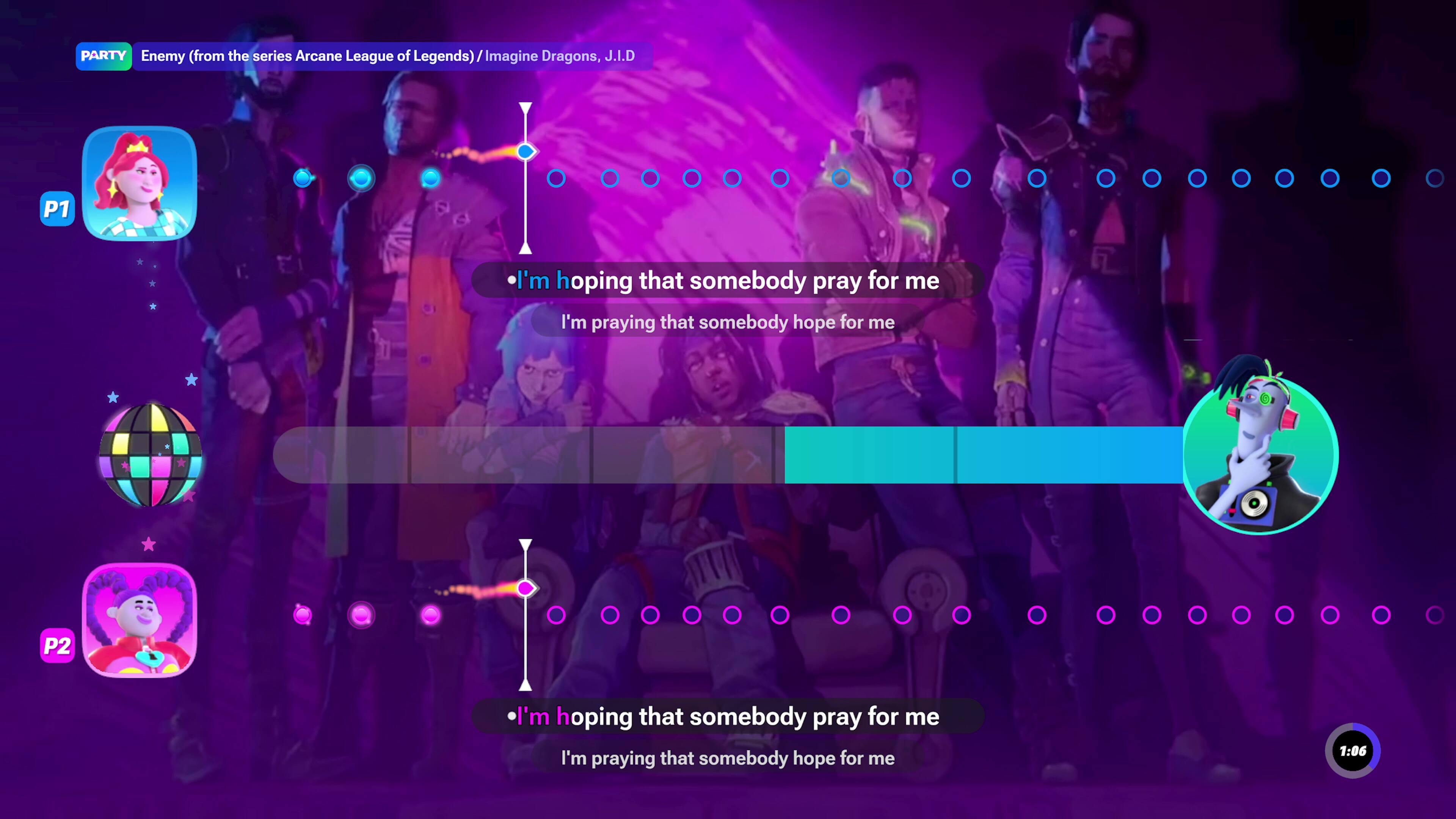 PARTY Enemy (from the series Arcane League of Legends) / Imagine Dragons, J.I.D

P1
I'm hoping that somebody pray for me
I'm praying that somebody hope for me

P2
I'm hoping that somebody pray for me
I'm praying that somebody hope for me

1:06