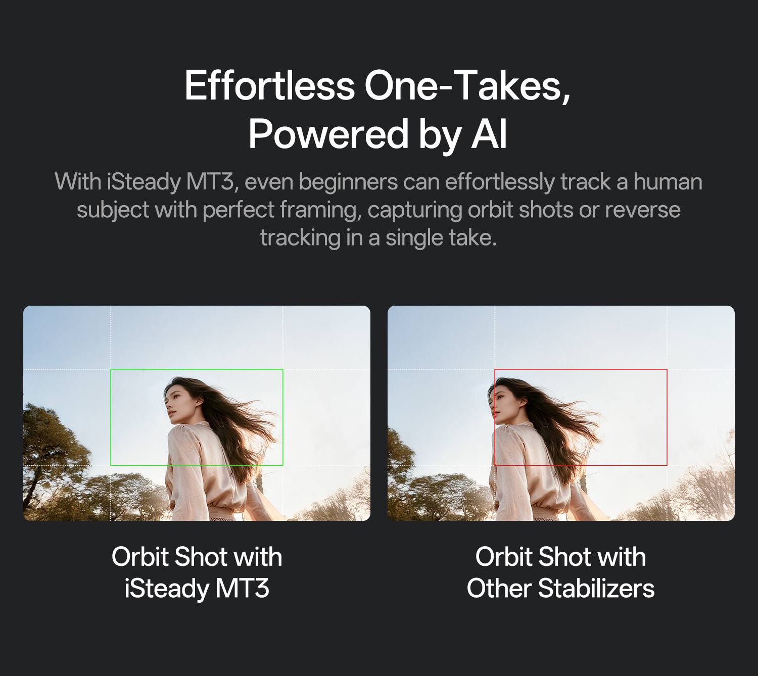 Effortless One-Takes, Powered by AI

With iSteady MT3, even beginners can effortlessly track a human subject with perfect framing, capturing orbit shots or reverse tracking in a single take.

Orbit Shot with iSteady MT3

Orbit Shot with Other Stabilizers