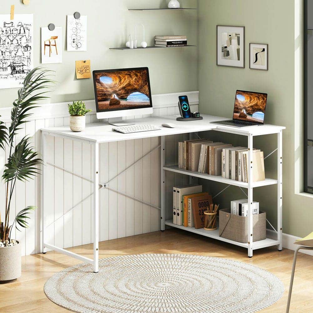 Kadyn - 47-Inch Reversible L-Shaped Corner Desk - Adjustable Storage Shelves - White