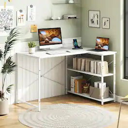 Kadyn - 47-Inch Reversible L-Shaped Corner Desk - Adjustable Storage Shelves - White
