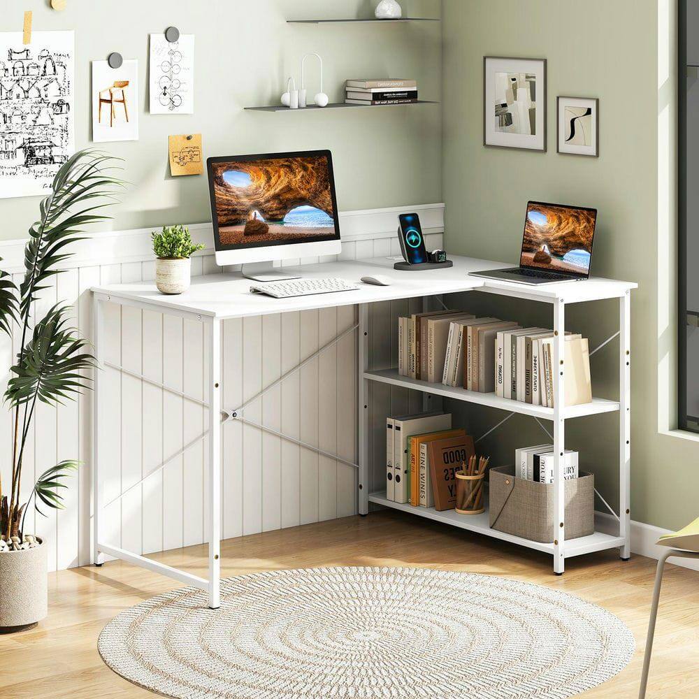 Kadyn - 47-Inch Reversible L-Shaped Corner Desk - Adjustable Storage Shelves - White