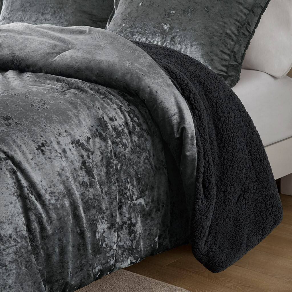 Alt View 2. Gracie Mills - Gracie Mills Graciela Luxe Crushed Velvet Reversible Comforter Set - Charcoal.