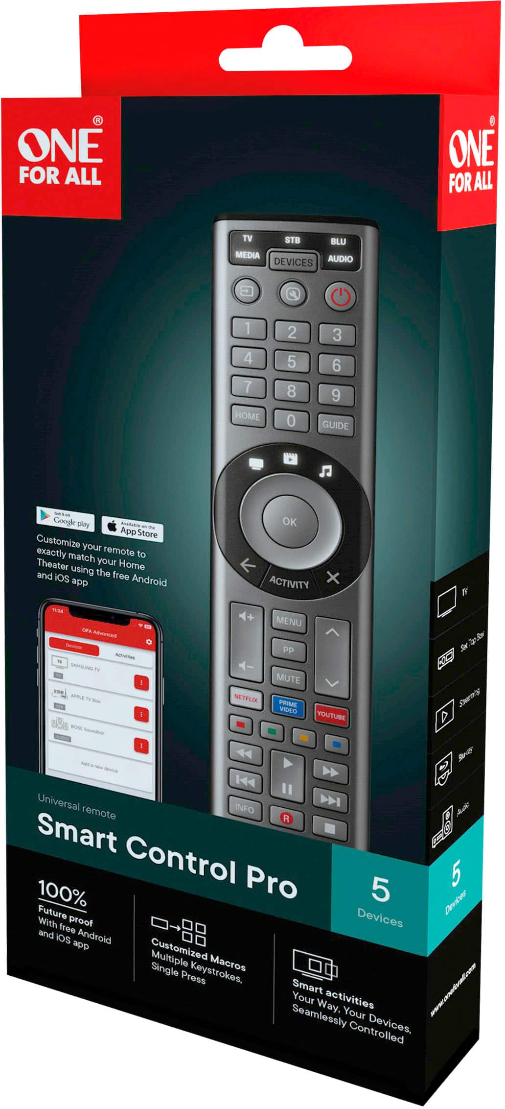 The text on the image reads:
"ONE FOR ALL ONE FOR ALL TV STB BLU MEDIA AUDIO DEVICES 1 4 7 HOME 2 5 8 0 3 6 9 GUIDE Google play Rusiaton - te App Store Customize your exactly remote to match your Theater using Home and the free iOS app Android OK ACTIVITY B W3 Ora Adosncnd Ger AcTitan SAMSUNG T I SES APPLE T - I BOSE Snurdre 1 A - - Soce MENU PP MUTE NETFLIX PRISE VIDEO YOUTUBE Se Stermy Se Universal INFO Ade remote R Smart Control Pro 5 100% 5 Devices Future Devices With free proof and IOS Android app Customized Multiple Macros Single Press Keystrokes. Smart www.anatval.com Your activities Way. Your Seamlessly Devices, Controlled."