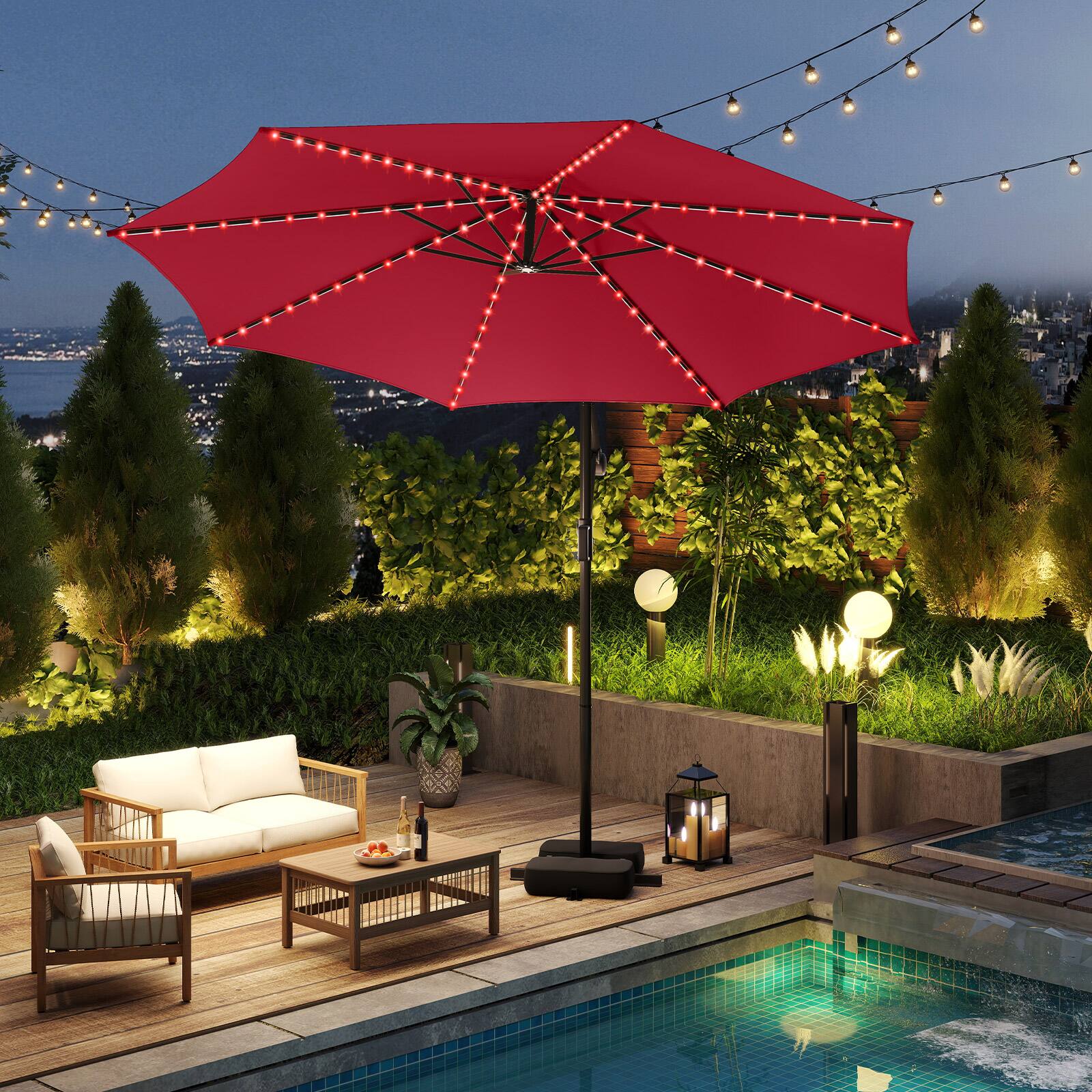 Alt View 3. Costway - Costway 10 FT Solar Offset Hanging Umbrella with 96 Solar Multi-colored Flowing LED Lights - Red.