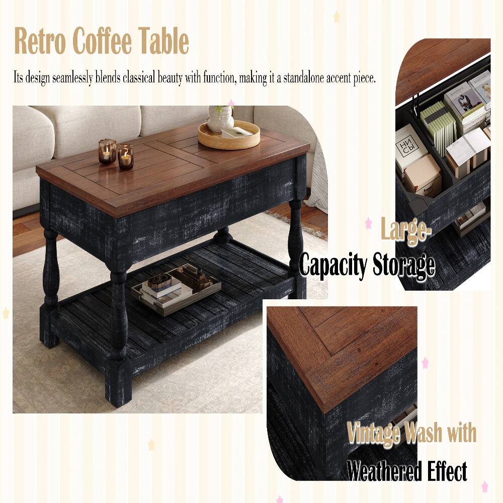 Retro Coffee Table  
Its design seamlessly blends classical beauty with function, making it a standalone accent piece.  

Large Capacity Storage  
Vintage Wash with Weathered Effect