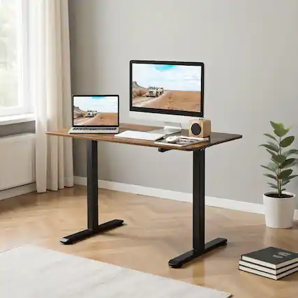 Front. Resenkos - Electric Standing Desk Adjustable Stand up Computer Desk Anti-collision-Rustic Brown, Home Office Desks, Computer Desks - Brown.