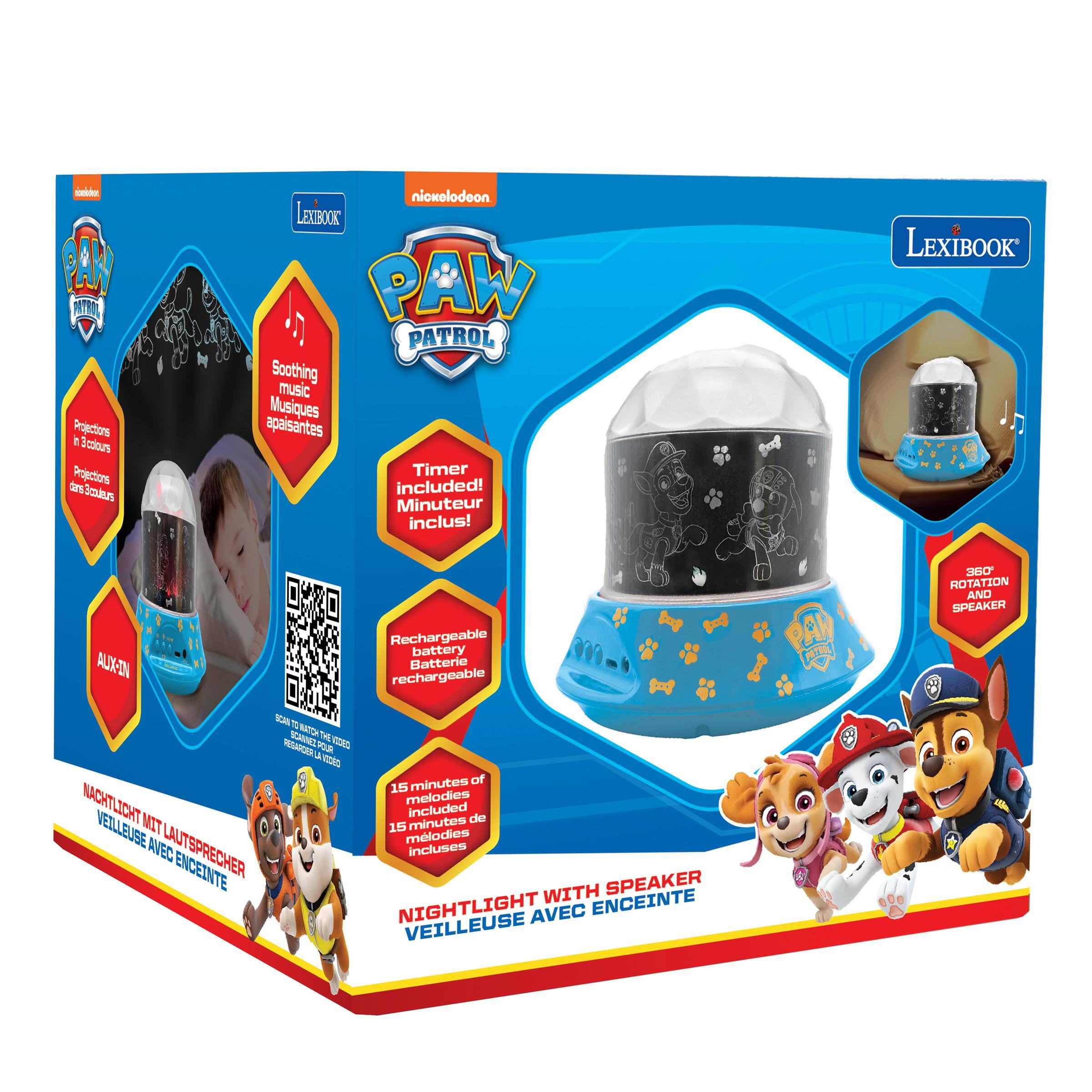 - LexiBook
- Nickelodeon
- Paw Patrol
- Soothing music / Musiques apaisantes
- Timer included! / Minuteur inclus!
- Rechargeable battery / Batterie rechargeable
- 360° rotation and speaker / Rotation à 360° et enceinte
- 15 minutes of melodies included / 15 minutes de mélodies incluses
- Nightlight with speaker / Veilleuse avec enceinte
- Projectors in 3 colors / Projecteurs en 3 couleurs
- AUX-IN
- Nachtlicht mit Lautsprecher / Veilleuse avec enceinte