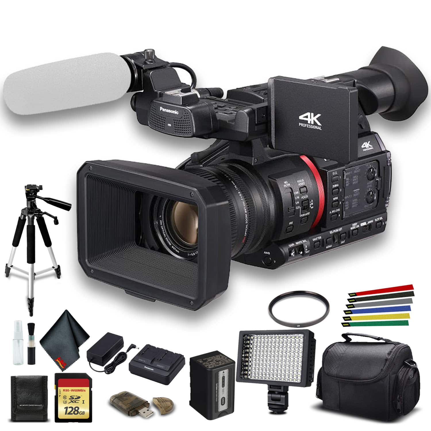 Panasonic - AG-CX350 4K Camcorder (AG-CX350) W/Padded Case, 128 GB Memory Card, Heavy Duty Tripod, Wire Straps, LED Light,
