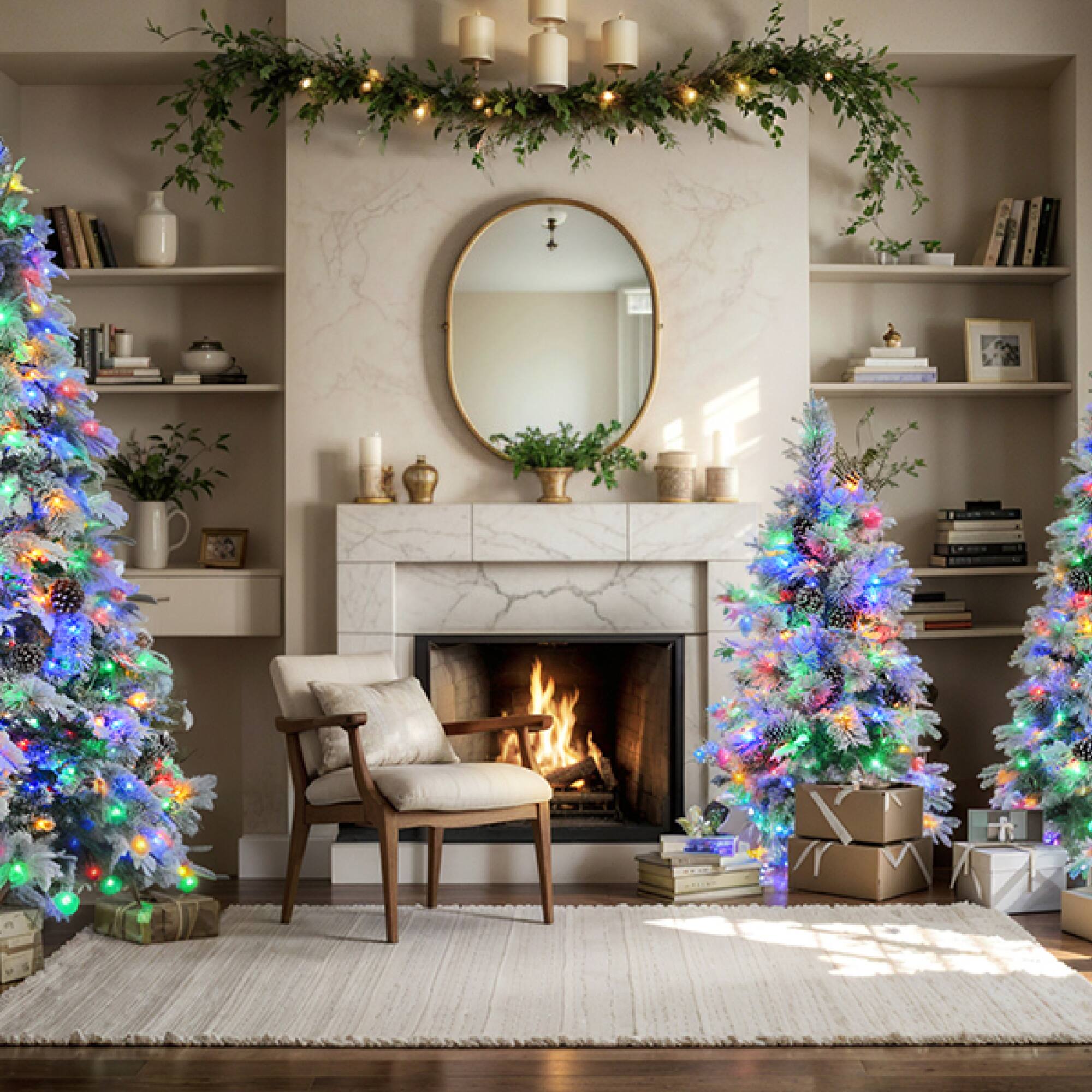 Left. ELEMENT ACE - 6-Foot Pre-Lit Artificial Snow Flocked Christmas Tree with Pine Cones and Multi-Color LED Lights for Holiday Décor - White+Green.