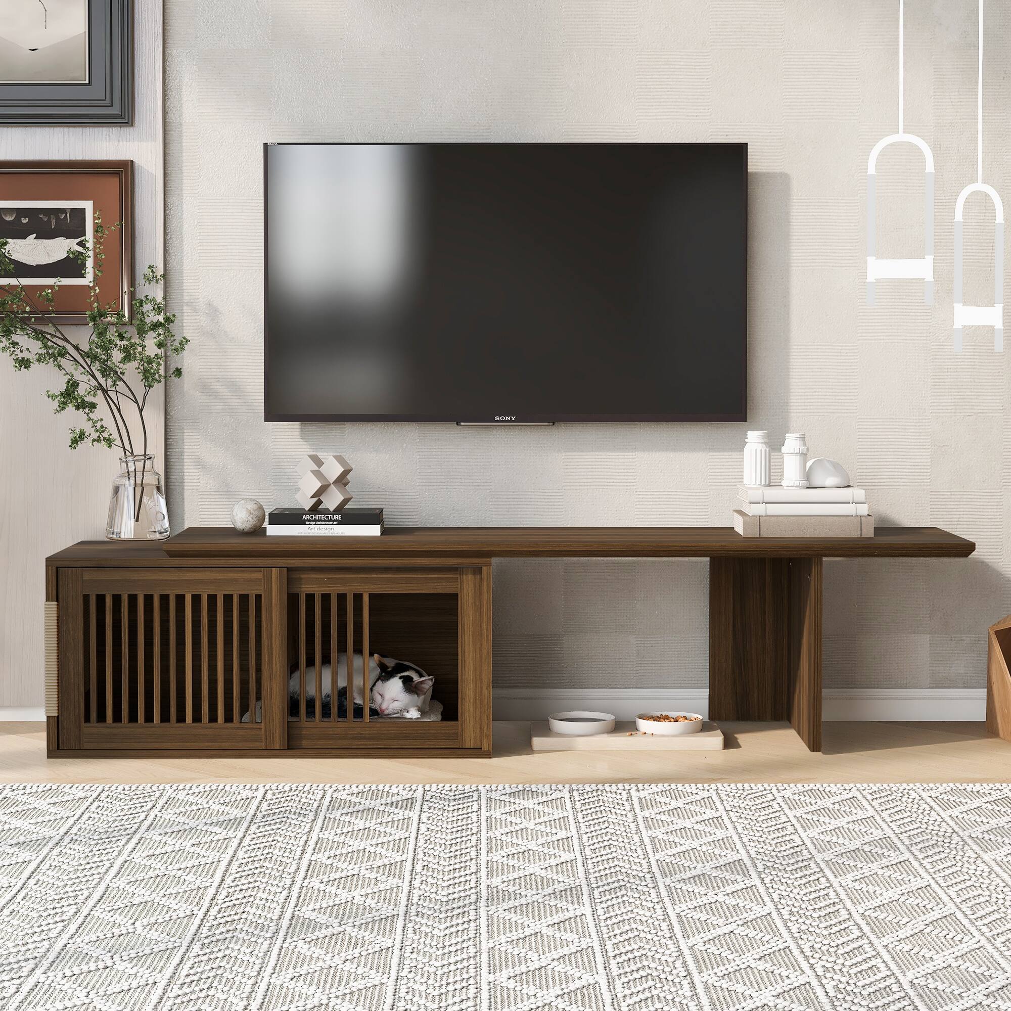 Alt View 1. Dexmalle - Dexmalle Modern 2 in 1 Cat Furniture 78" Extendable Walnut TV Stand (up to 100") - Walnut.