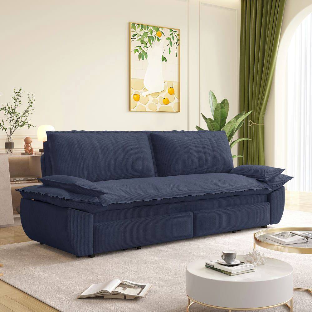 Angle. Kadyn - 73.2" Queen Pull Out Sofa Bed, 3-in-1 Convertible Sleeper Sofa, Corduroy Loveseat Bed - Blue.