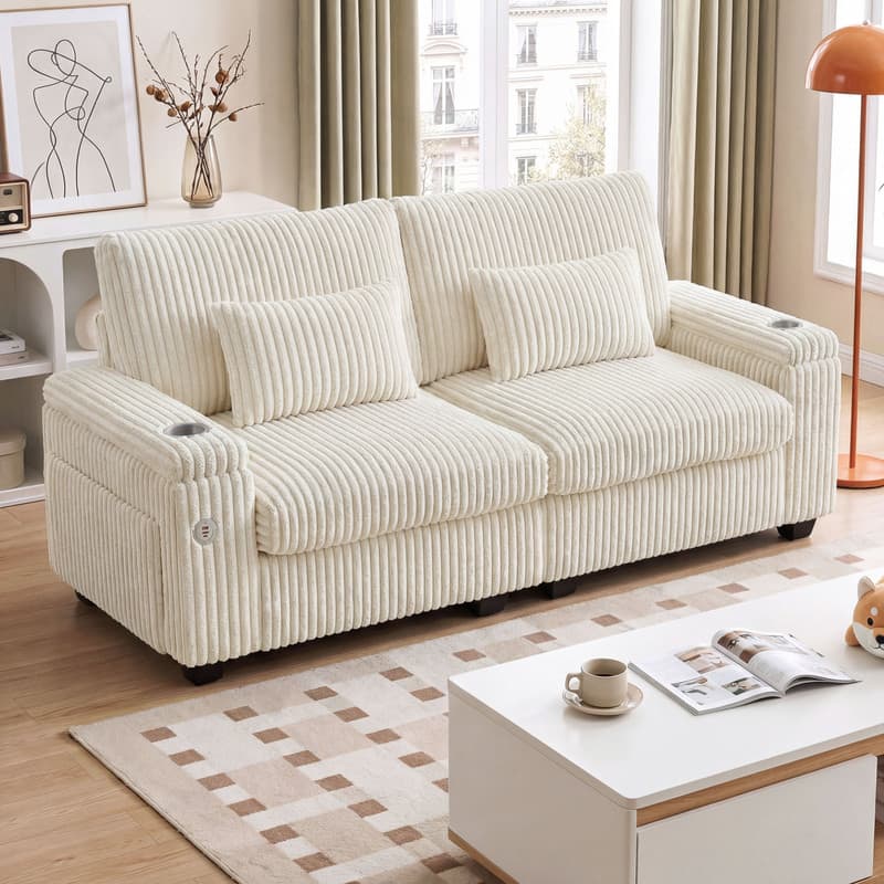 Dyonery - 91" Love Seat Sofa Couch with Storage Armrest and USB Type-C Charging Port, Comfy Corduroy Loveseat Couches. - Beige