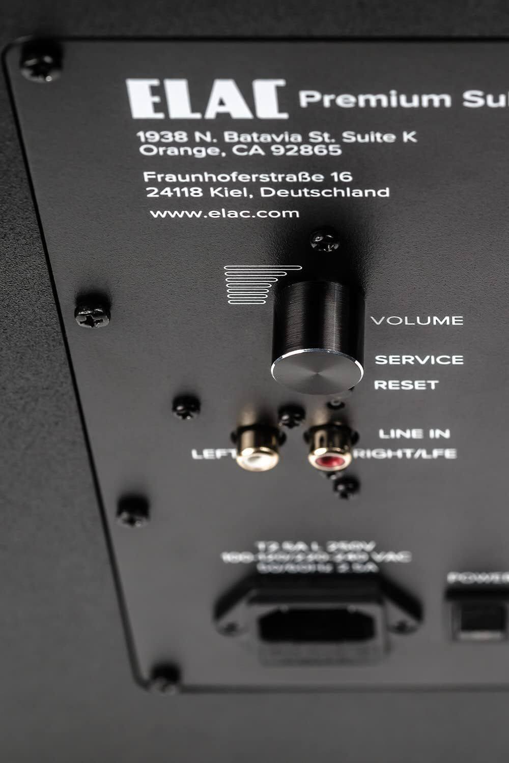 ELAC Premium  
1938 N. Batavia St. Suite K  
Orange, CA 92865  
Fraunhoferstraße 16  
24118 Kiel, Deutschland  
www.elac.com  

VOLUME  
SERVICE  
RESET  
LEFT  
LINE IN  
RIGHT/LFE