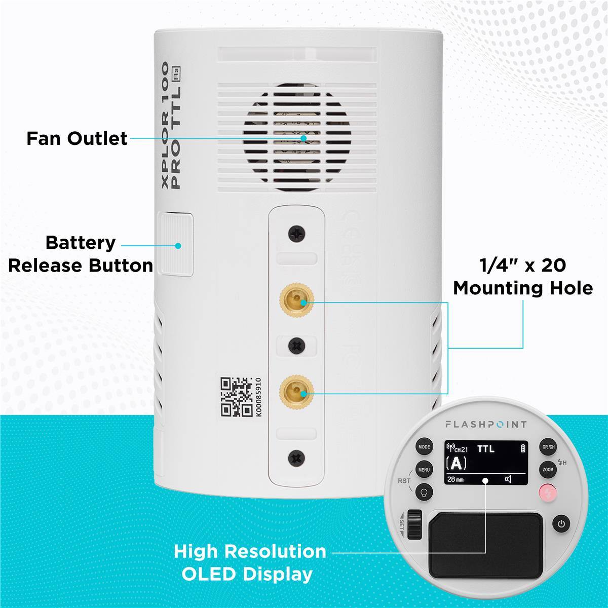 Fan Outlet AD 100 TTL XPLOR PRO Battery Release Button 1/4" x 20 Mounting Hole K00085910 FLASHPOINT INT RST BODE REN OK21 TTL A 28 - E SCH  200m High Resolution OLED Display