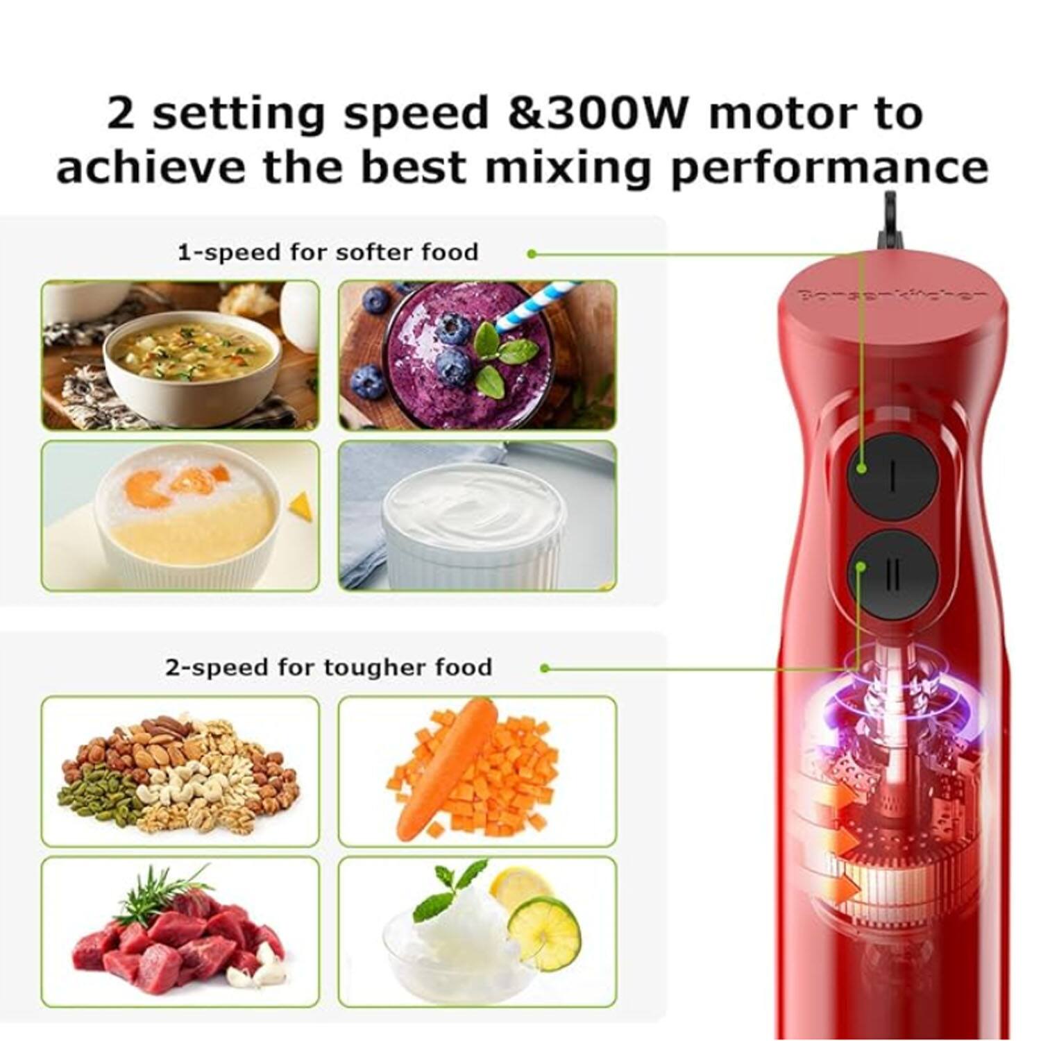 2 setting speed & 300W motor to achieve the best mixing performance

1-speed for softer food

2-speed for tougher food