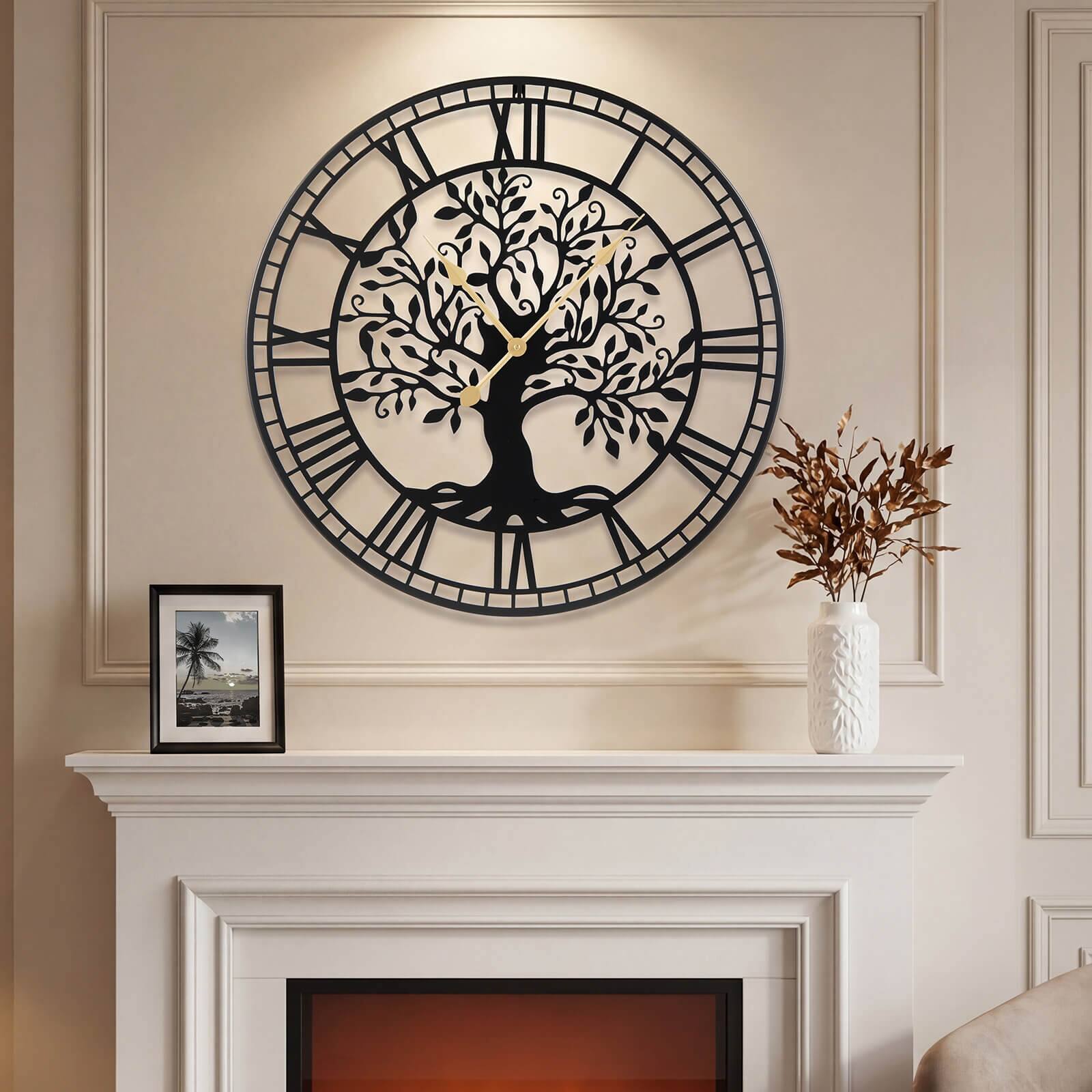 Alt View 1. Costway - Costway Large Wall Clock, 27" Tree of Life Big Metal Clock, Non-Ticking Decorative Clock - Black.