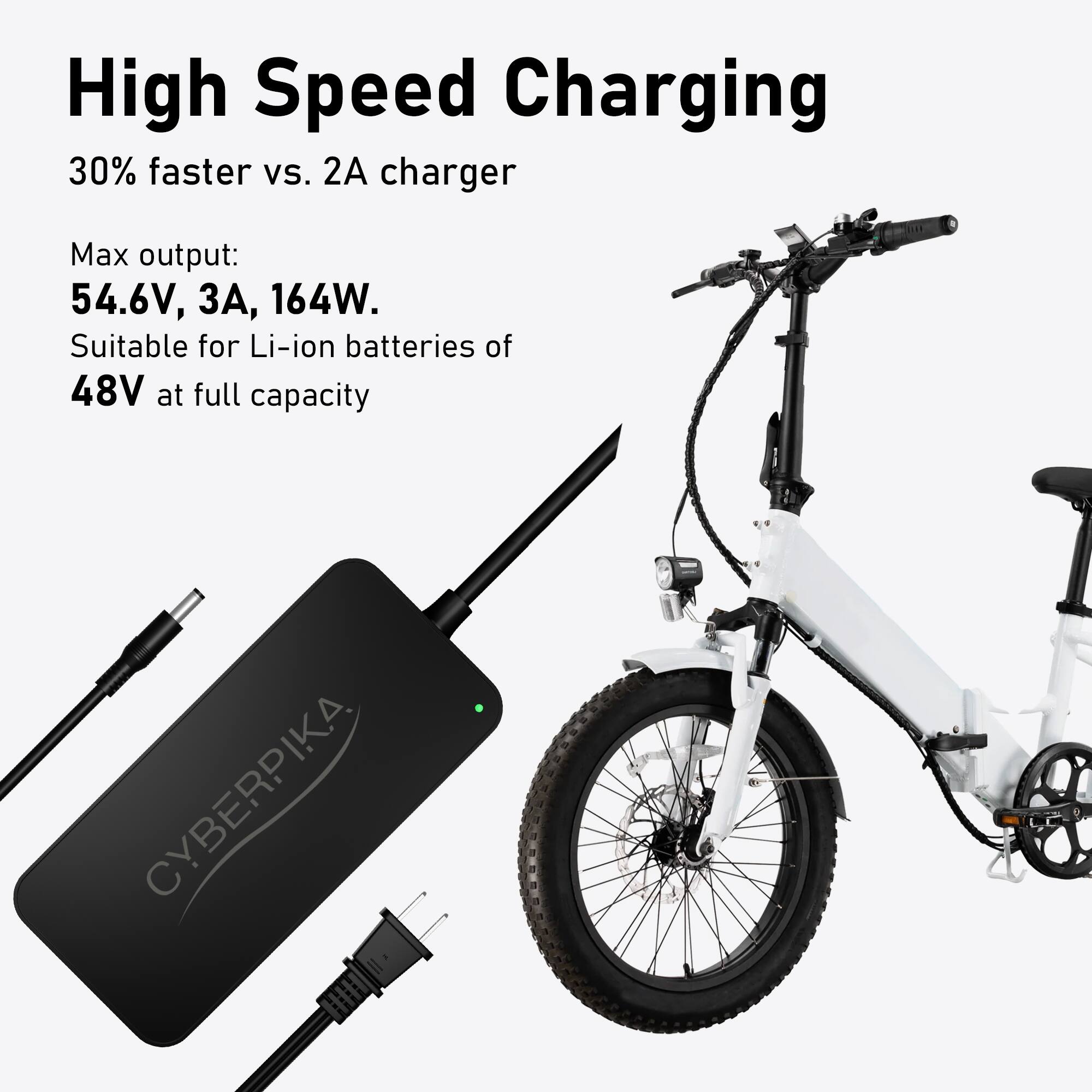 High Speed Charging

30% faster vs. 2A charger

Max output: 54.6V, 3A, 164W.

Suitable for Li-ion batteries of 48V at full capacity

CYBERPIKA