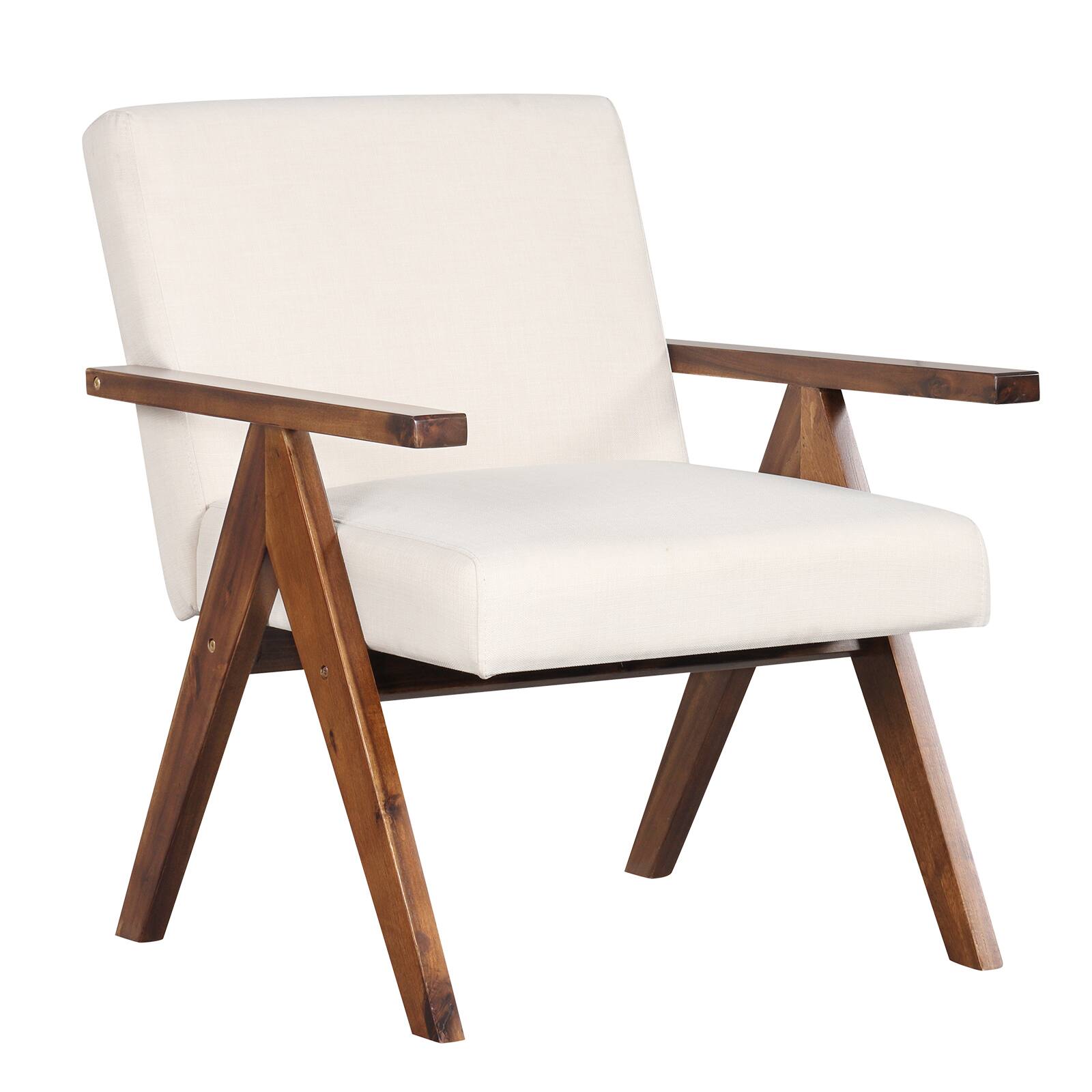 Front. Ecooso - Modern Accent Chair with Linen Fabric Armchair and Solid Acacia Wood Frame - Beige.