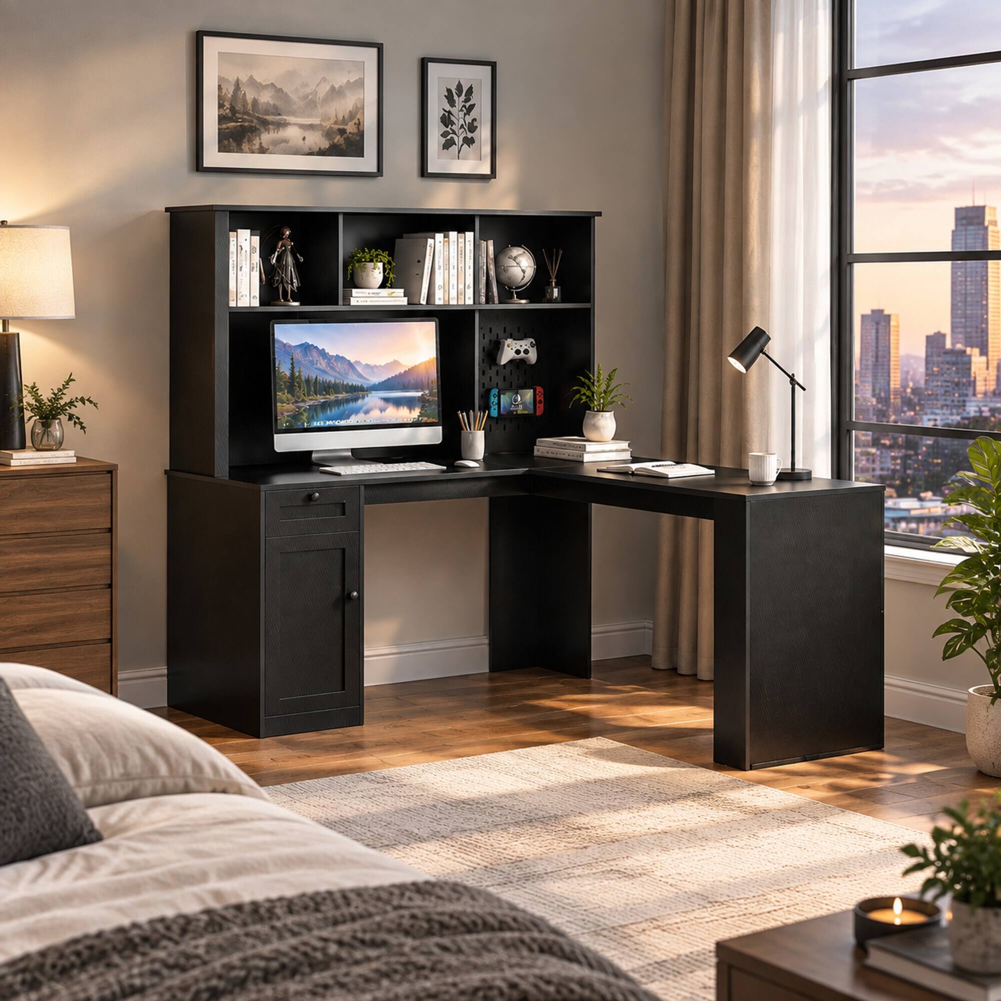 RYHNUYNE L Shaped Corner Desk, 2 USB Ports and 3 Outlets, Carbon Fiber ...