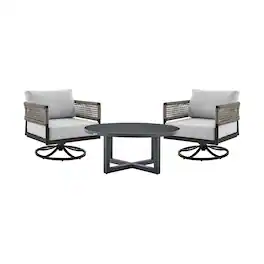 Armen Living - Felicia and Argiope 3 Piece Patio Outdoor Swivel Seating Set in Black Aluminum with Gray Rope and Cushions - Light Gray