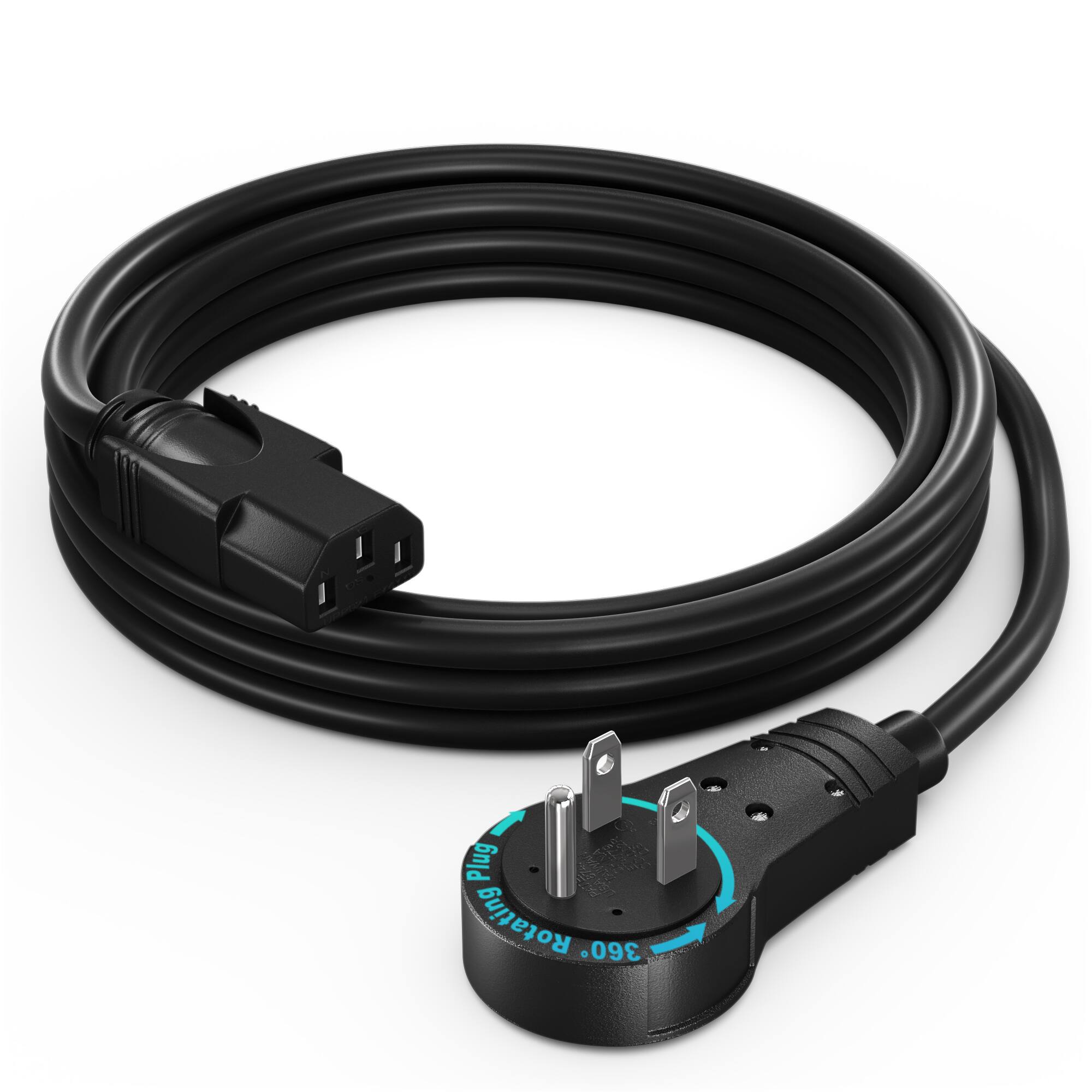 Maximm - Monitor Computer Power Cord 6 Ft Flat Plug 360° Rotating PC Cable 3 Prong, 16 AWG NEMA 5-15P to IEC13 - UL Certified - Black