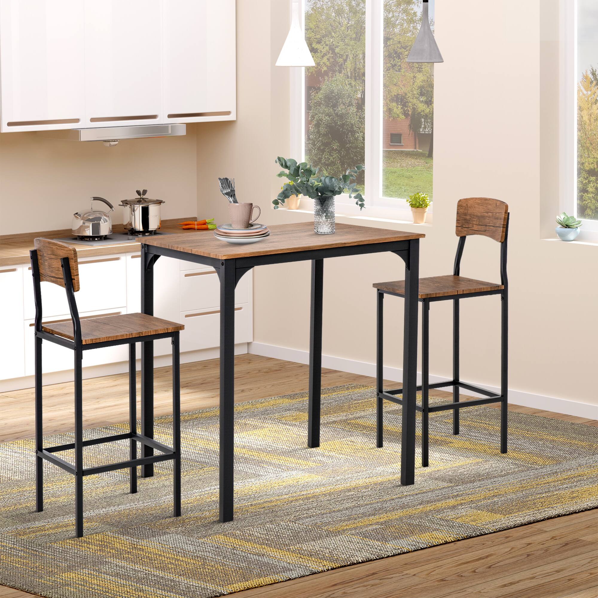 Alt View 1. Homcom - 3 Piece Counter Height Bar Table and Chairs Set, Industrial Small Dining Table Set for 2, Square Kitchen Table - Walnut and Black.