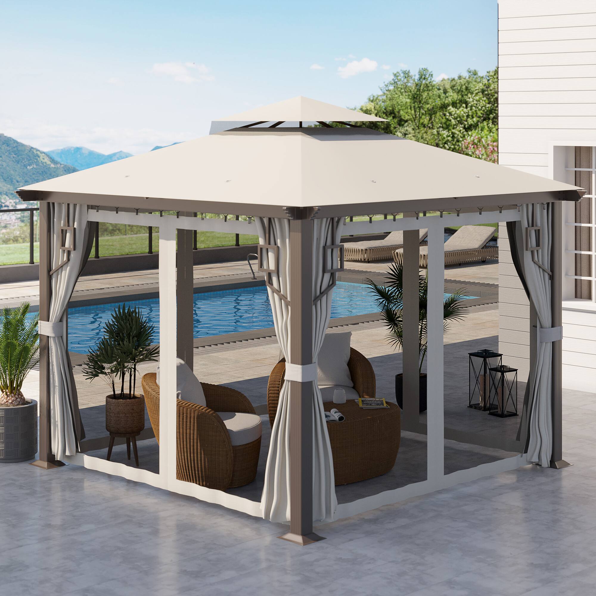 Angle. Outsunny - 10' x 10' Patio Gazebo, Double Roof Outdoor Gazebo with Privacy Curtains, Mesh Netting, Aluminum Frame - Cream White.