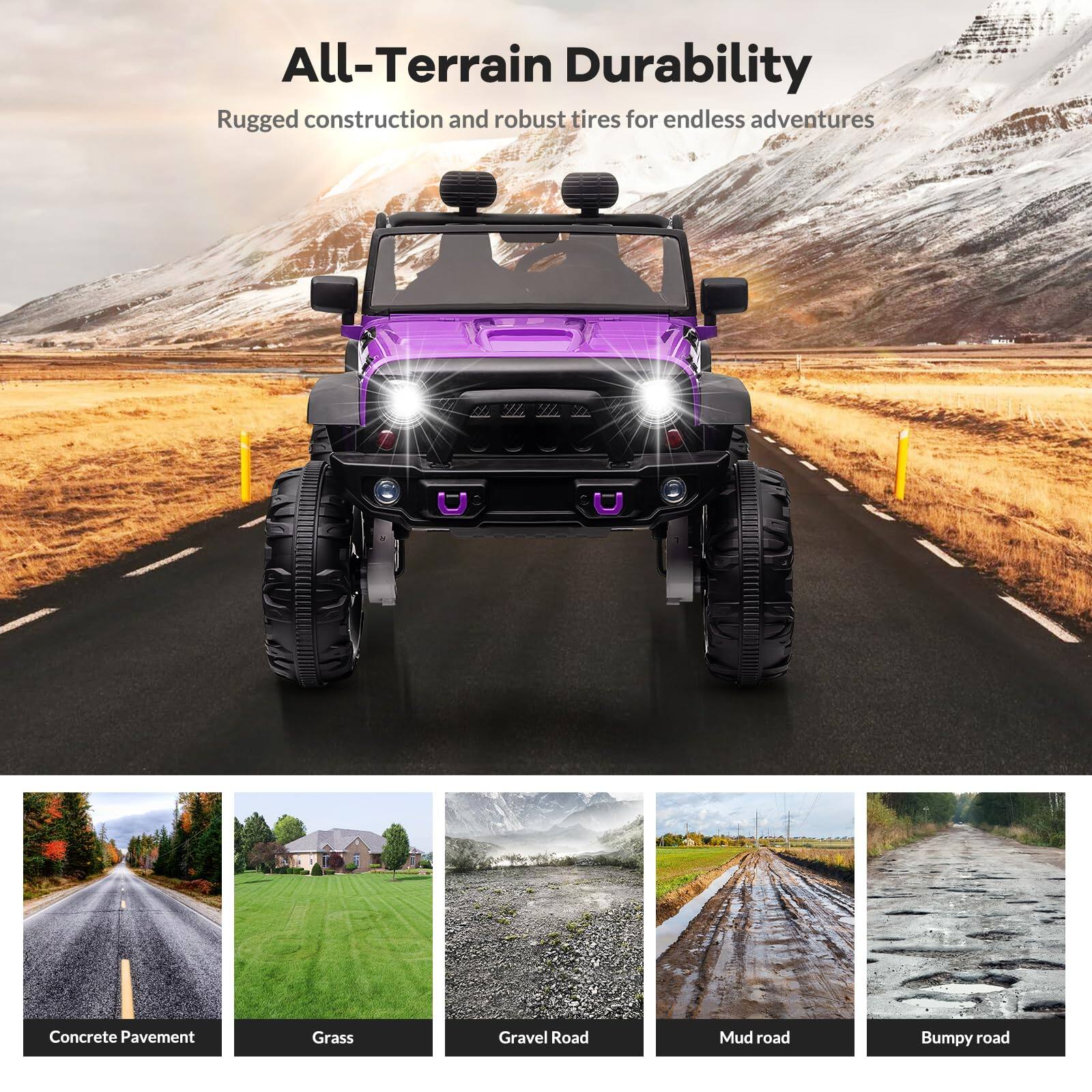 All-Terrain Durability  
Rugged construction and robust tires for endless adventures  

Concrete Pavement  
Grass  
Gravel Road  
Mud road  
Bumpy road