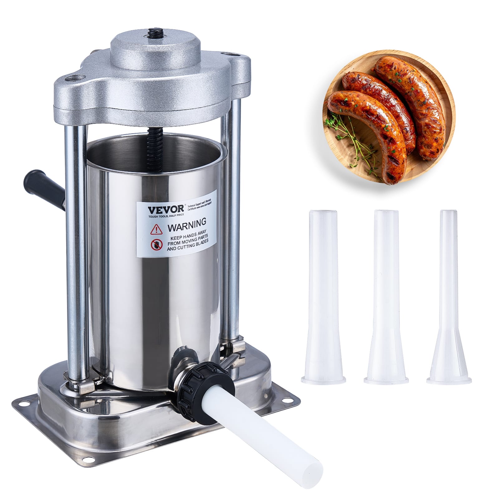 VEVOR - Manual Sausage Stuffer, 2 L / 5 LBS Vertical Sausage Machine with G-type Clamp, Food-Grade 304 Stainless Steel Barrel - Silver
