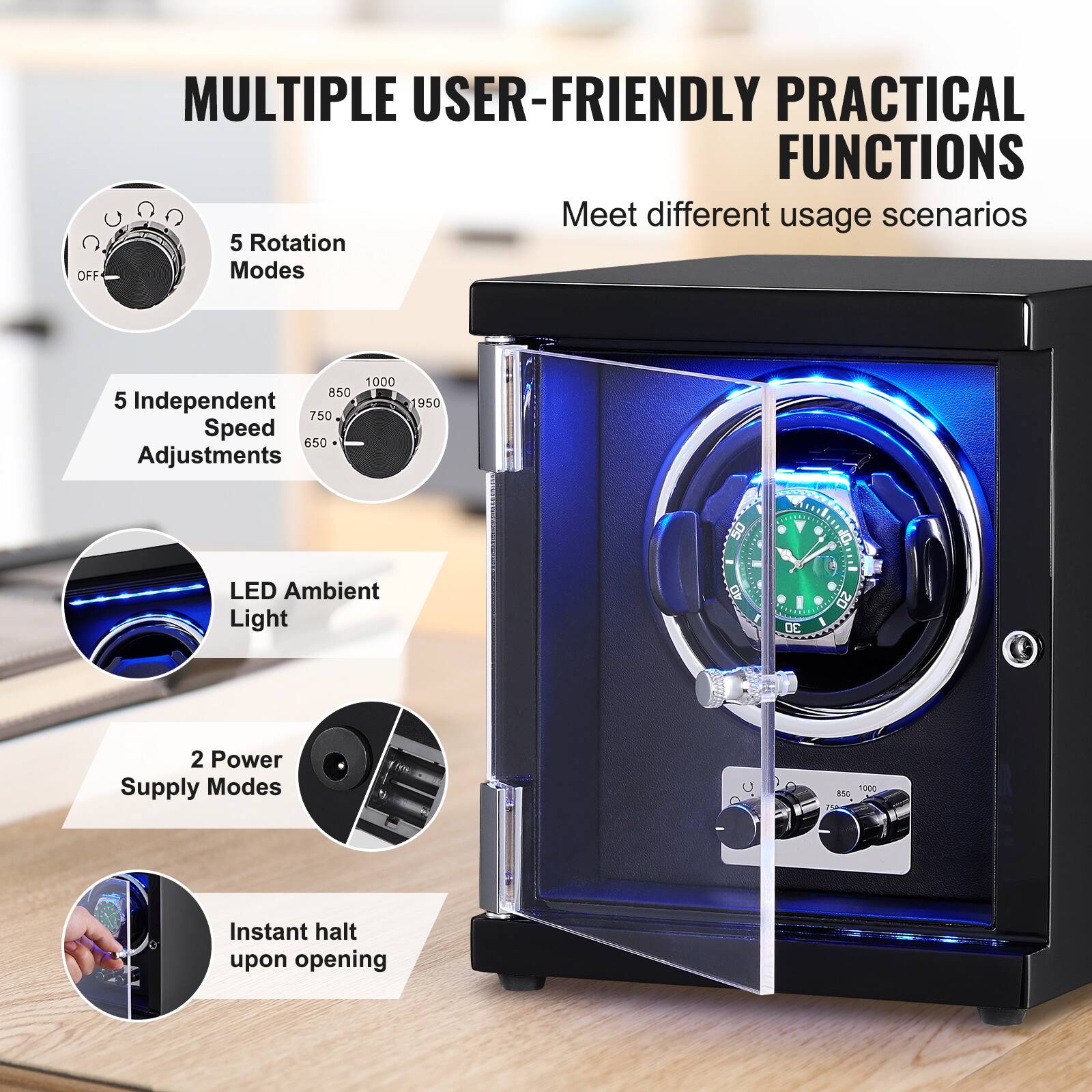 MULTIPLE USER-FRIENDLY PRACTICAL FUNCTIONS  
Meet different usage scenarios

- 5 Rotation Modes
- 5 Independent Speed Adjustments (650 - 1950)
- LED Ambient Light
- 2 Power Supply Modes
- Instant halt upon opening