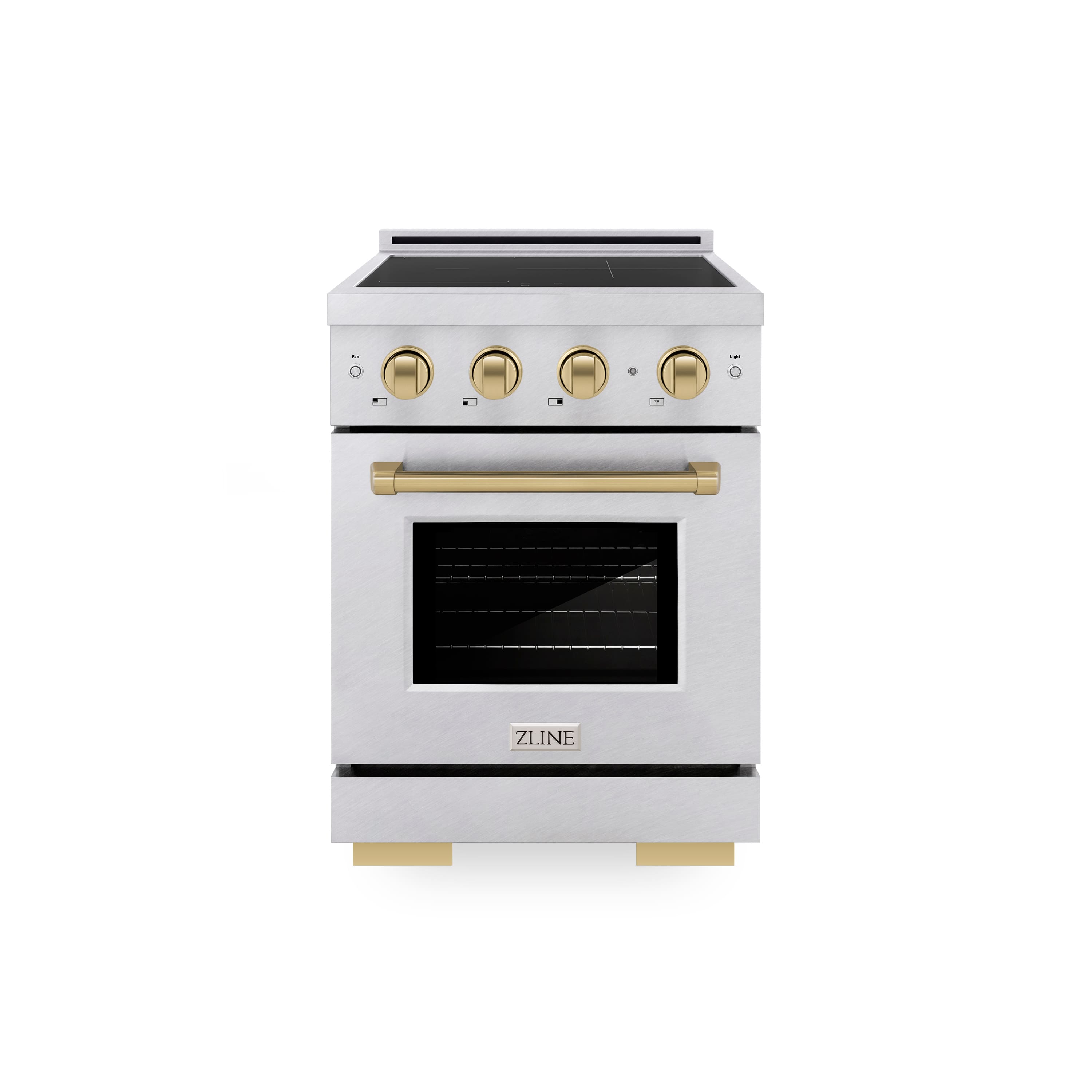 Front. ZLINE - 24 in. Wide 3 Elements Autograph 3.2 cu. ft. Paramount Freestanding Induction Range in Satin Steel with Bronze Accents - Satin Stainless Steel.